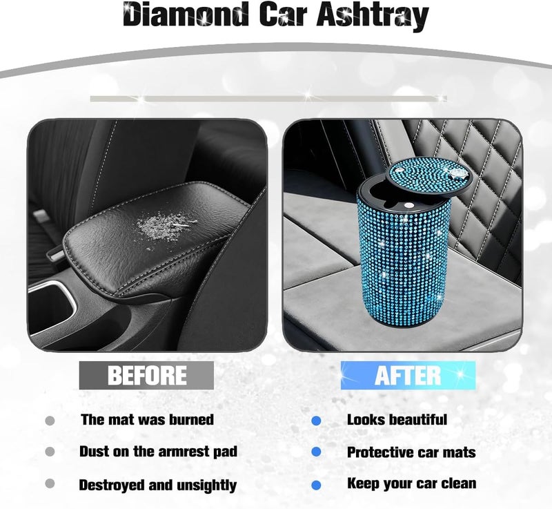 FALVFUN Bling Car Ashtray, Rhinestones Smokeless Smell Proof Vehicle Cup Holder Ash Tray with Lid, Sparkling Diamond Portable Automotive Interior Ashtray, Universal for SUV RV Truck (Light Blue) - Image 4
